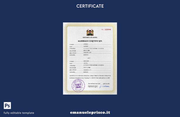 modello PSD di certificato di matrimonio Kenya in stile verificato